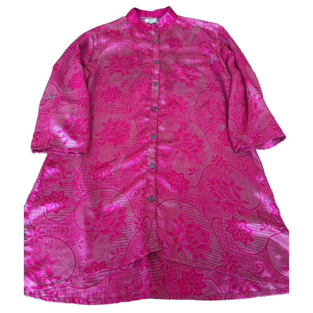 Chai tunic dress pink silk womens' sz medium full button up mandarin collar